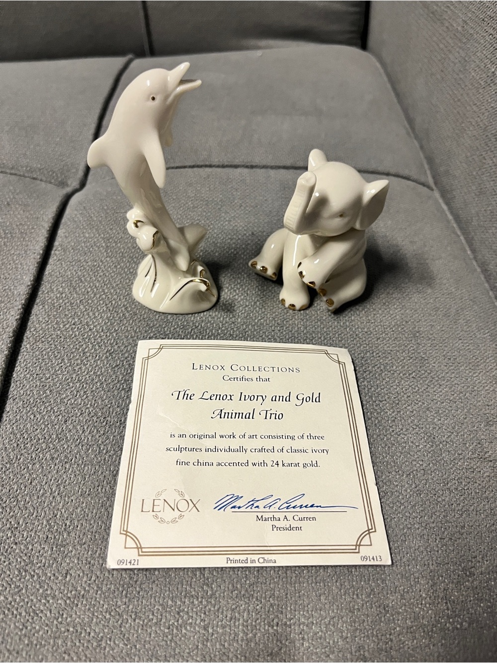 Vintage Lenox Ivory & Gold Dolphin & Elephant Figurines w/ COA Certificate